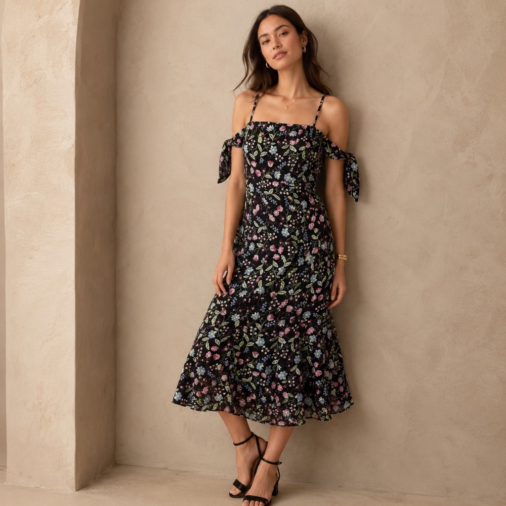 Nanette Lepore Midi Dress Black Floral Cold Shoulder Paradise Vacation Date 8‎